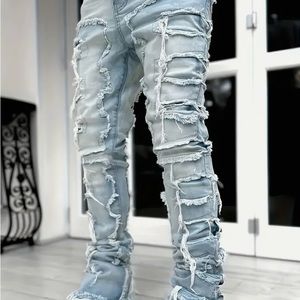Stacked jeans Y2k Hip Hop Style Raw Trim Jeans, Men's Casual Street Style